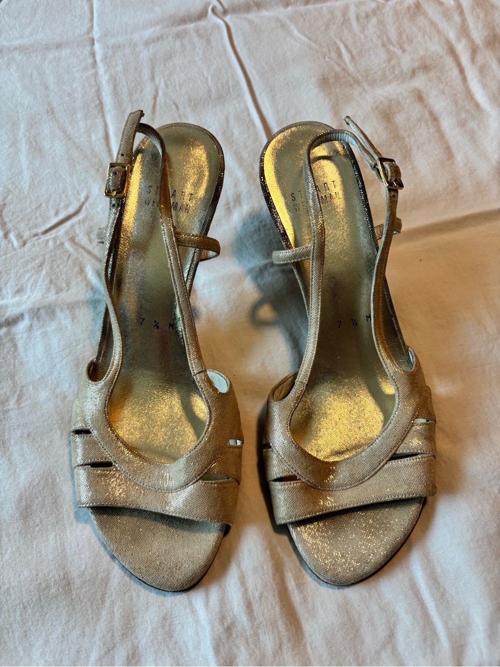 Stuart Weitzman Metallic Gold Open-Toe Slingback Heels
